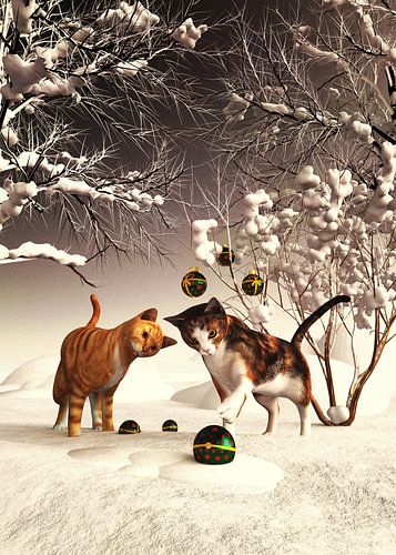 Katten spelen met kerstballen