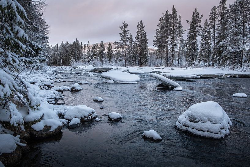 Rivier met besneeuwde toppen. van Marco Lodder
