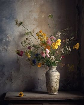 Nature morte rurale et atmosphérique avec bouquet de fleurs des champs