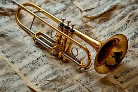 Trumpet on sheet music by Poster Art Shop