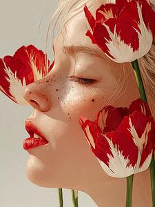 Frau mit roten Tulpen – Romantische Blumenkunst für die Wand