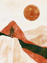 Red mountain landscape with sunshine and a pine tree by Lina van Oers