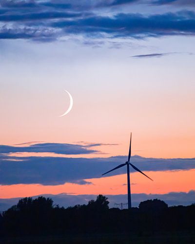 Zonsondergang met Maan en Windmolen