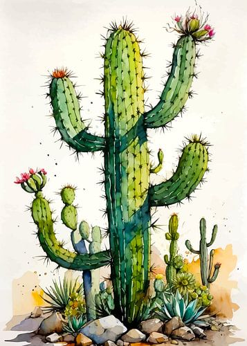 Cactus Brutaal Aquarel Schilderij - Ruwe Woestijn Botanische Kunst