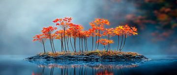Autumn trees on island - foggy picture by Poster Art Shop