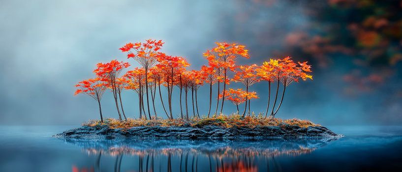 Autumn trees on island - foggy picture by Poster Art Shop