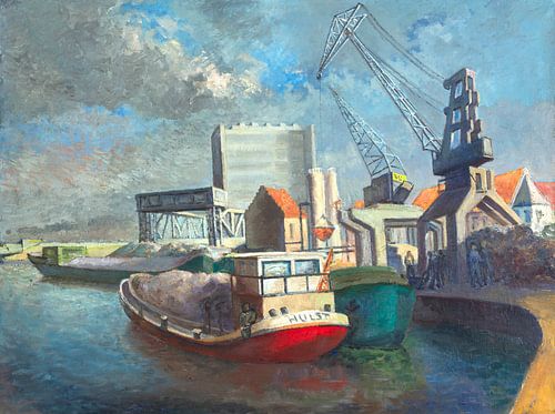 Cargos dans le vieux port de Termonde (Belgique) - Huile sur toile.