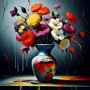 Nature morte avec des fleurs dans un vase - style Jackson Pollock
