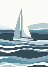 Segelboot auf stilisierten Wellen in Blautönen
