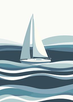Sailing boat on stylised waves in shades of blue by Pixelbull Design