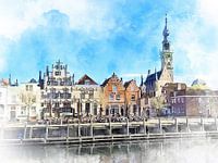 Watercolour image with view of Veere, Zeeland