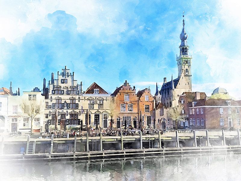 Watercolour image with view of Veere, Zeeland by Danny de Klerk