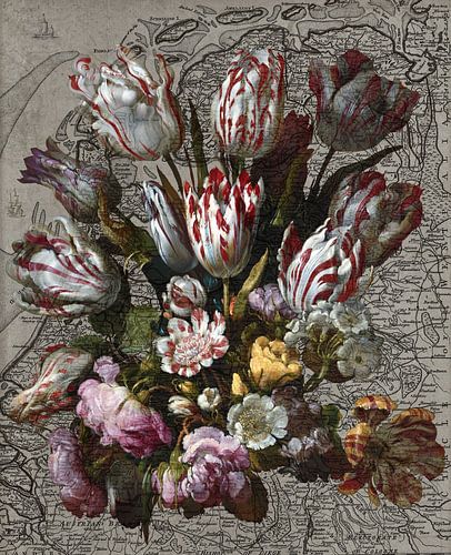 Netherlands flower country - Still life with tulips painted on an old map of the Netherlands