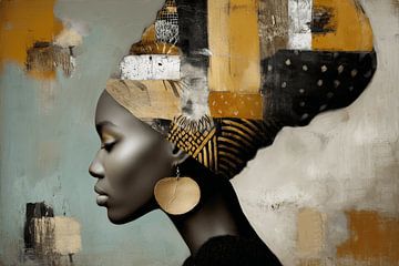 Modern abstract portret in aardetinten en turquoise van Studio Allee