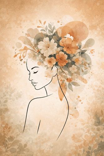 Floral Serenity No.03 – Elegante vrouwelijke lijntekening met zachte botanische compositie