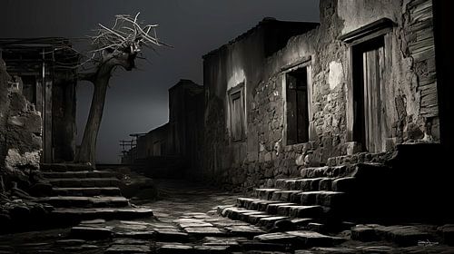 oud gebouw in zwart-wit met dramatisch licht