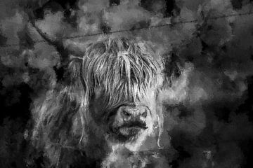 Schotse hooglander in zwart wit van Digitale Schilderijen