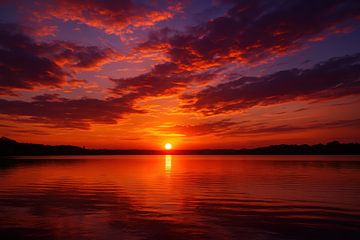 Fiery sky over calm lake by Imperial Art House