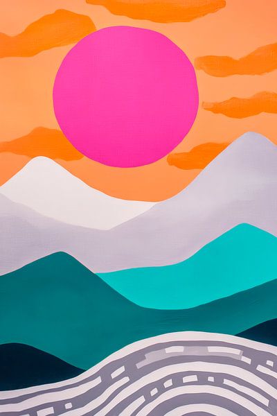 Colourful mountain landscape with pink sun by Poster Art Shop