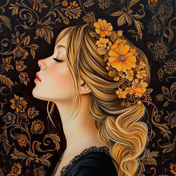 Golden Flowers | Flowers Woman by Eye catching paintings