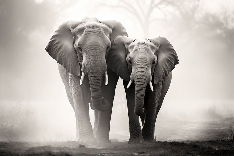 Elefantenpaar im Schwarz-Weiß-Fotografie-Kunstdesign von Animaflora PicsStock