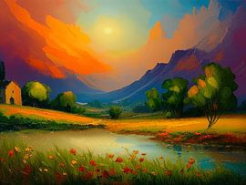 Sfeervol berglandschap bij zonsondergang met bloemenveld van Studio Pieternel