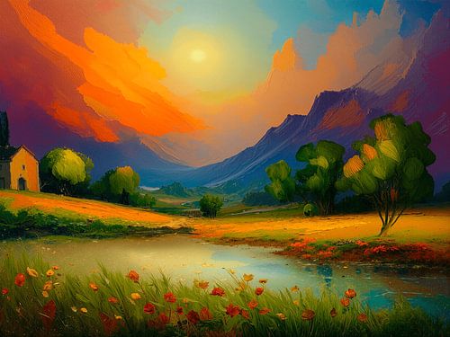Stimmungsvolle Berglandschaft bei Sonnenuntergang mit Blumenfeld