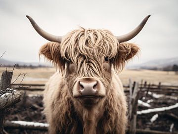 Portrait d'un bovin Highland écossais au pâturage