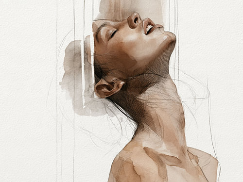 Verträumtes Frauenporträt in Beige, Aquarell