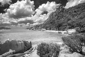 Landschaft mit Strand auf den Seychellen. Schwarzweiss Bild.