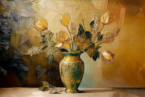 Klassisches Stillleben: Vase mit goldenen Tulpen