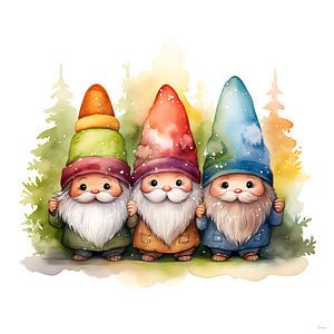 Trois gnomes aux couleurs gaies sur Lauri Creates