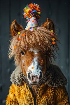 Drôle de cheval fête son anniversaire avec un gâteau et un chapeau sur Felix Brönnimann