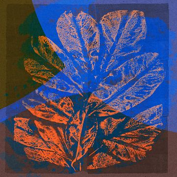 Blad in oranje, kobaltblauw en groen op bruin II. Modern botanisch. van Dina Dankers