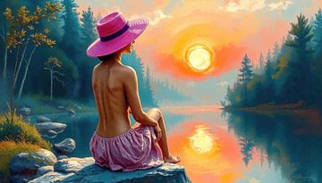Frau auf einem Felsen am Waldsee im Sonnenuntergang von AidasignArt