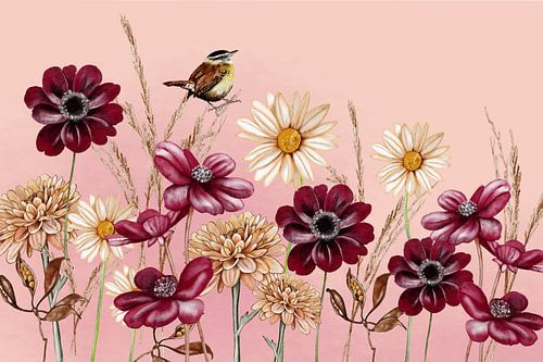 Autumn flowers with bird by Geertje Burgers