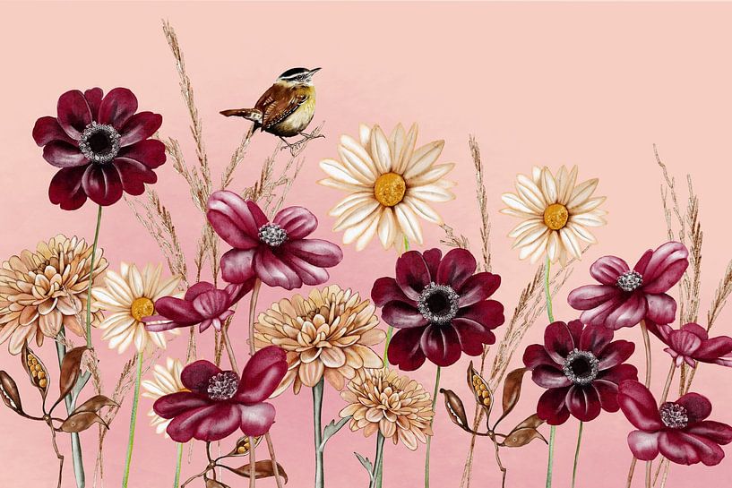 Autumn flowers with bird by Geertje Burgers