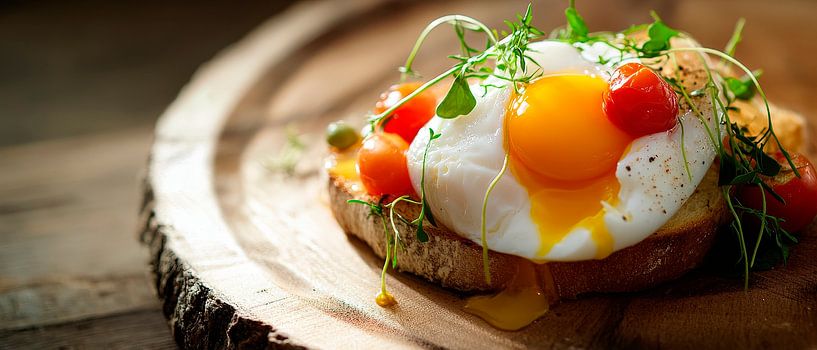 Perfektes Frühstück: Ei auf Holzbrett von Poster Art Shop