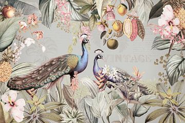 Luxurious peacocks in the vintage flower jungle by Floral Abstractions