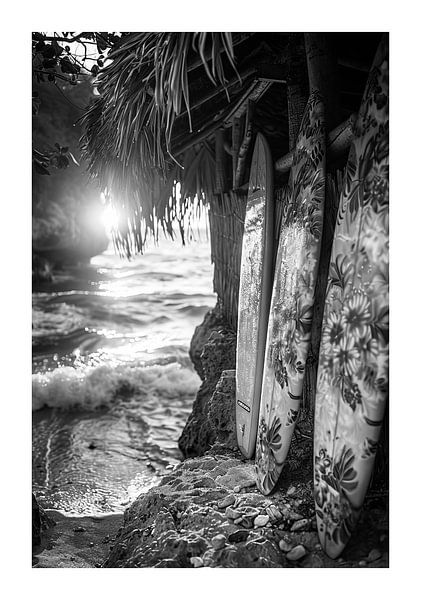 Surfboards on a secluded beach at sunset by Poster Art Shop