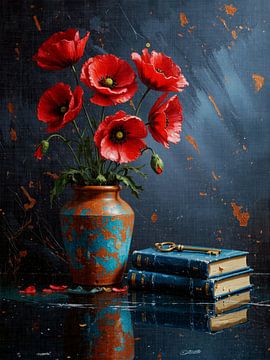 Nature morte classique et intemporelle : Vase avec coquelicots rouges