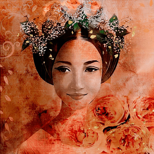 Elegant Feminine Portrait with Roses and Gold Accents in Warm Earthy and Orange Tones
