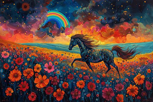 Een uitbarsting van kleur in een dans van bloemen - Levend paard in een zee van bloemen