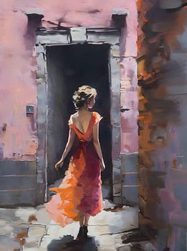 Meisje in rood oranje jurk - olieverf stijl van Emiel de Lange