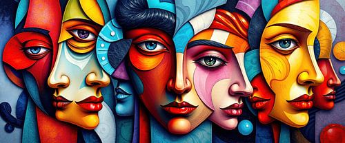 Panorama des regards fusionnés - Un entrelacs cubiste d'âmes colorées et lumineuses dans l'esprit de Picasso