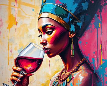 Nefertiti met een glas rode wijn - Vrouwen #17 van Liona Toussaint