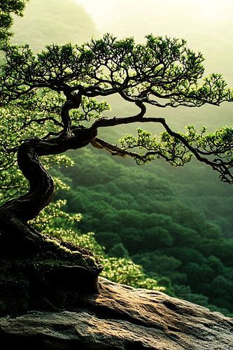 Bonsai op rots met landschap