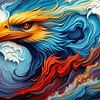 L'aigle s'élève majestueusement des vagues déchaînées : Oiseau de proie à la crinière de feu, au regard héroïque et à l'abstraction dorée de la force de la nature et de l'imagination. sur AidasignArt