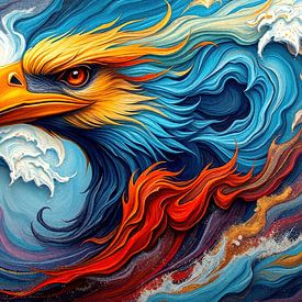 Eagle rises majestically from raging waves: Bird of prey with fiery mane, heroic gaze and gold-accentuated abstraction of the power of nature and fantasy by AidasignArt