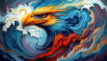 Adler erhebt sich majestätisch aus tobenden Wellen: Greifvogel mit feuriger Mähne, heroischem Blick und goldakzentuierter Abstraktion der Kraft von Natur und Fantasie von AidasignArt